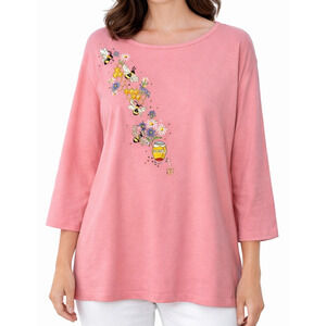 Quacker Factory Womens Tunic Size 2X Pink Long Sleeve Embroidered Flowers Bees